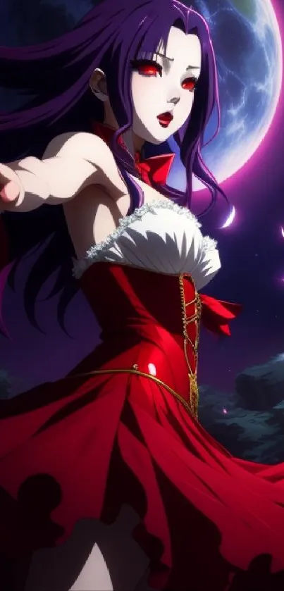 Anime girl with purple hair in a red dress under a moonlit sky.