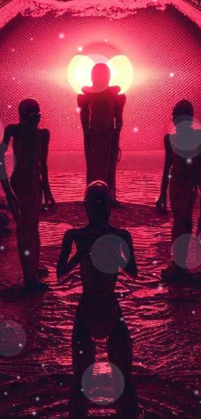 Silhouetted figures in glowing red landscape wallpaper.