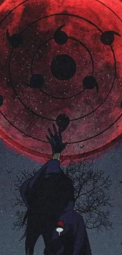 Anime wallpaper featuring a red moon with a shadowy figure beneath.