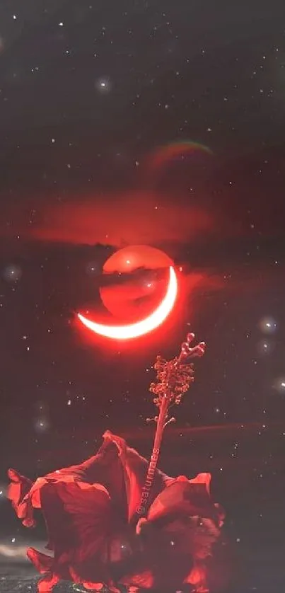 Vivid red crescent moon with hibiscus in starry sky.