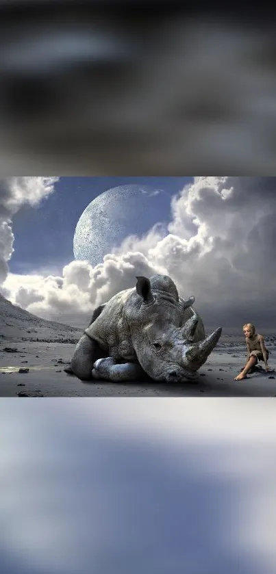 Fantasy rhino and child under dreamy moonlit sky.