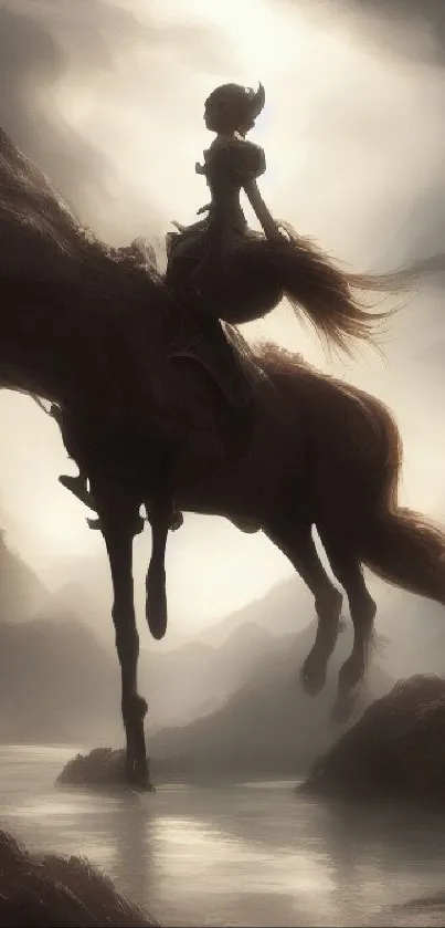 Silhouette of a rider on a horse in a dreamy and mystical landscape.