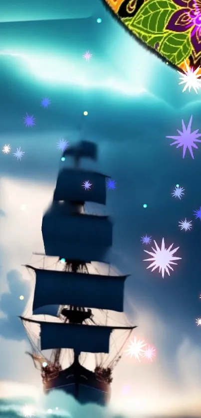 Fantasy ship sailing under a mystical, starry night sky accented by vibrant designs.