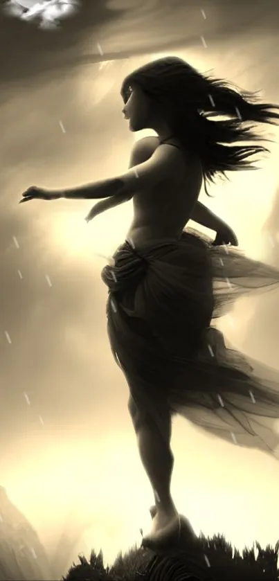 Silhouette of a woman in a flowing dress against a dreamy, ethereal backdrop.