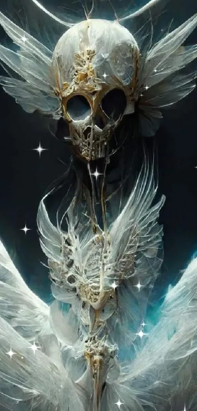 Ethereal skeleton with angelic wings on dark background wallpaper.