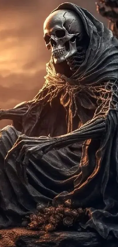 Skeleton cloaked in shadows at sunset on mobile wallpaper.