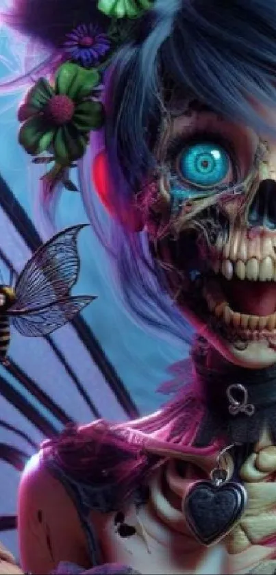 Ethereal skeleton fairy with glowing blue eyes and floral accents.