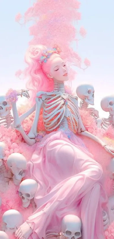 Ethereal figure amid skeletons with pink hues in fantasy wallpaper.