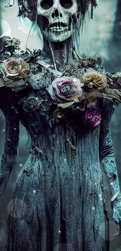 Skeleton with flowers in dark forest wallpaper.