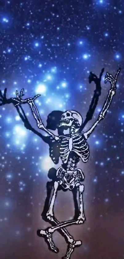 Dancing skeleton in a starry galaxy background with blue and indigo hues.