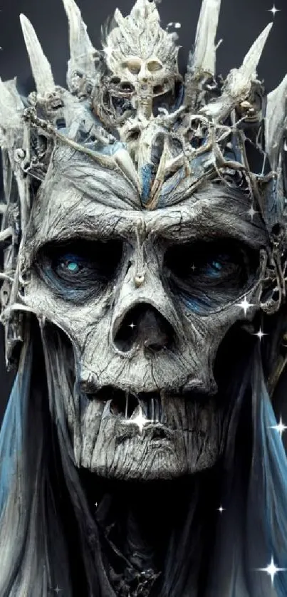 Ethereal skeleton king with ornate crown and mystical blue eyes.