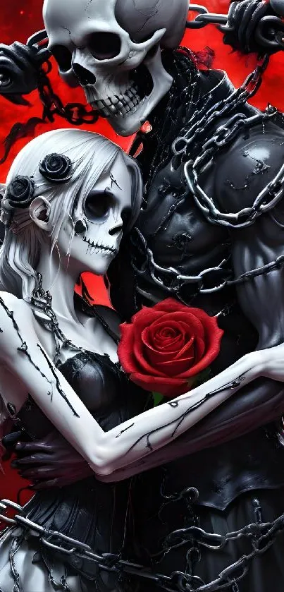 Gothic skeleton lovers embrace under a crimson moon, holding a red rose.