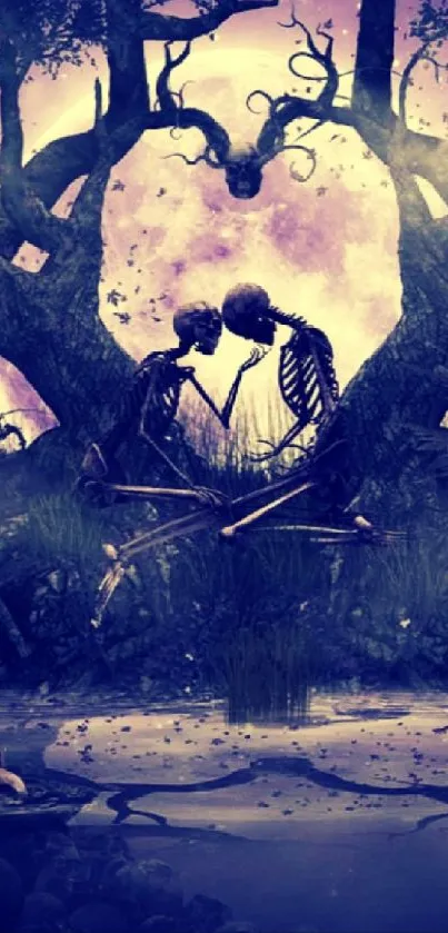 A romantic skeleton pair under a surreal moonlit tree in purple hues.