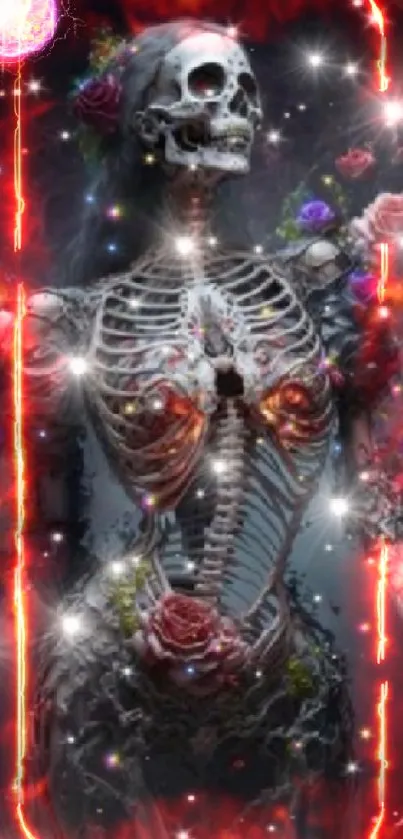 Skeleton with roses and mystical lights.