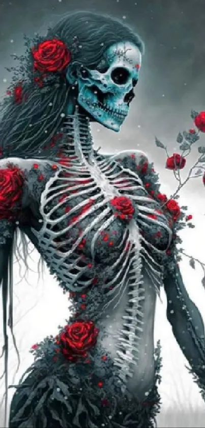 Gothic skeleton adorned with vibrant red roses in dark ethereal style.