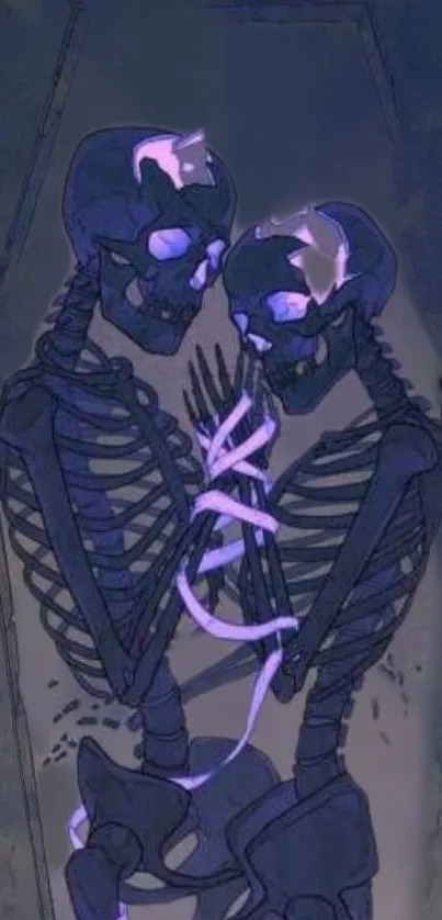 Two intertwined skeletons with purple hues in a mystical wallpaper.