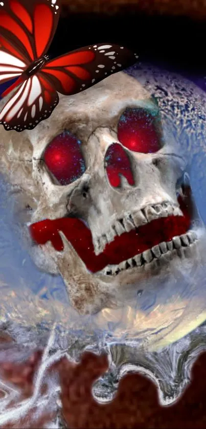 Ethereal skull wrapped in ice with a vivid butterfly accent on mobile wallpaper.