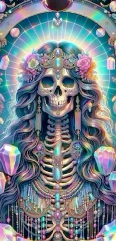 Ethereal skull art with gemstones and colors in a mystical design.