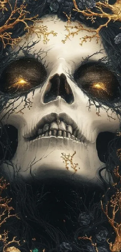 Ethereal skull with golden branches and black background.