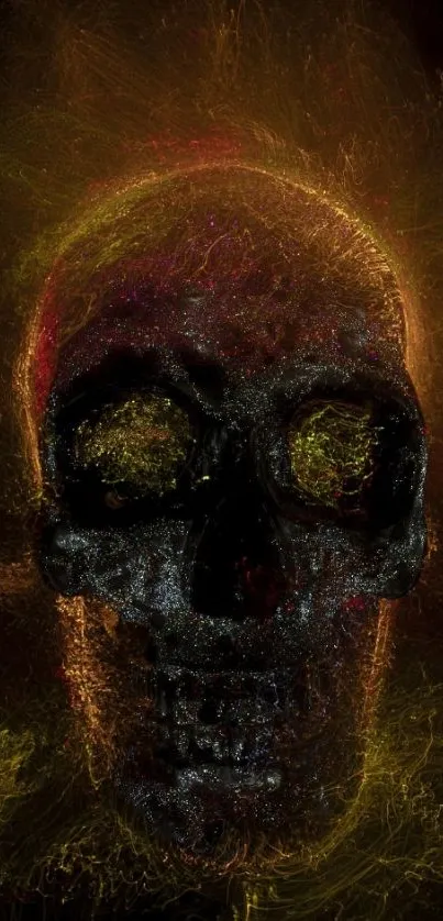 A mysterious dark skull art with vivid colors on a mobile wallpaper.