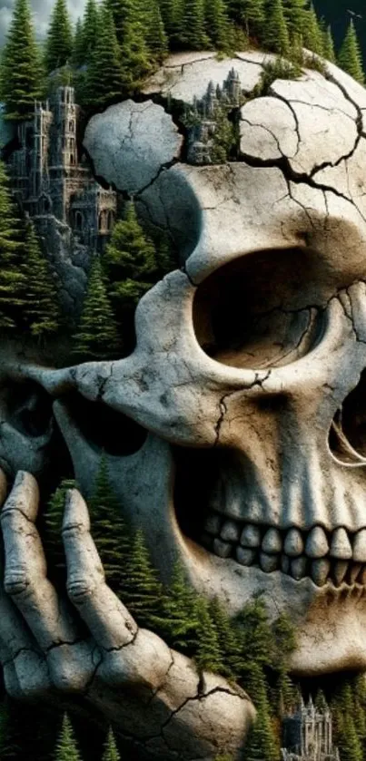 Surreal skull in a forest setting with greenery and mystery.