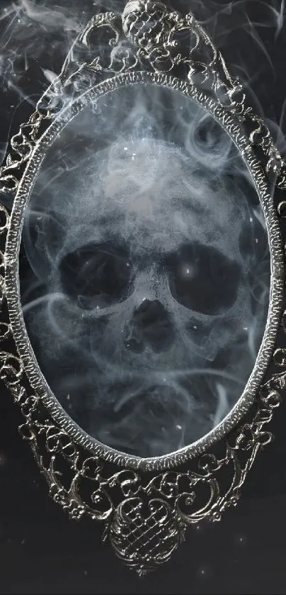 Skull in smoky ornate mirror on a dark background.