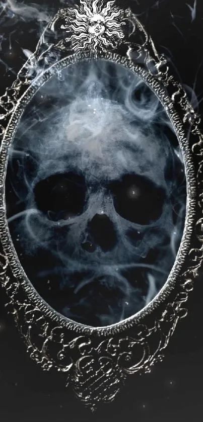 Ethereal skull in ornate mirror with smoke and dark background.