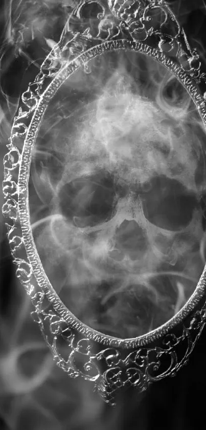 Ethereal skull in a vintage mirror with mystical smoke.