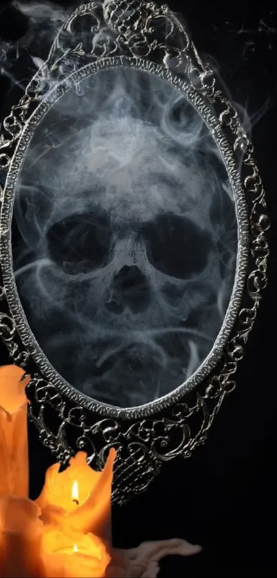 Ornate mirror with skull and candles in haunting wallpaper.