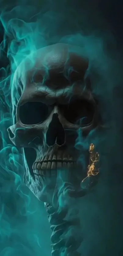 Ethereal skull surrounded by vibrant blue smoke on a dark background.