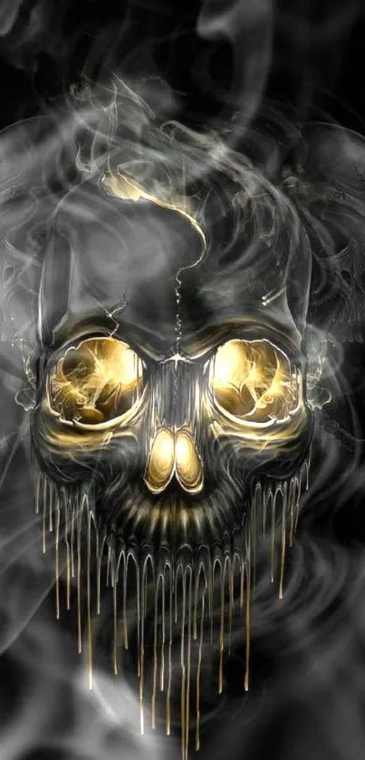 Ethereal skull with smoke and gold accents on a dark wallpaper background.