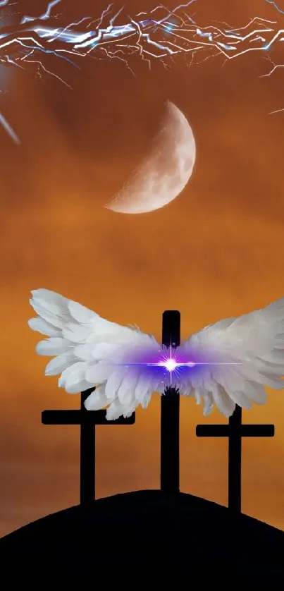 Mystical wallpaper with crosses, wings, and moon in an orange sky.