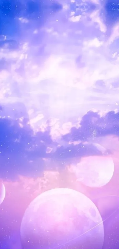 Ethereal wallpaper of purple tones with planets and clouds.