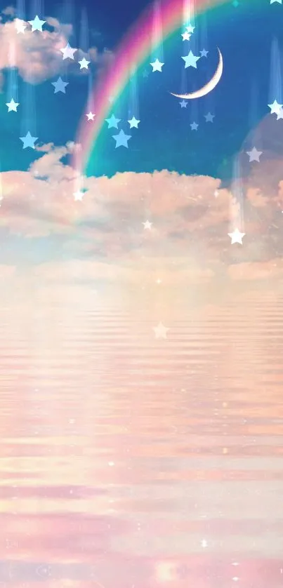 Mobile wallpaper with moon, rainbow, clouds, and reflective water surface.