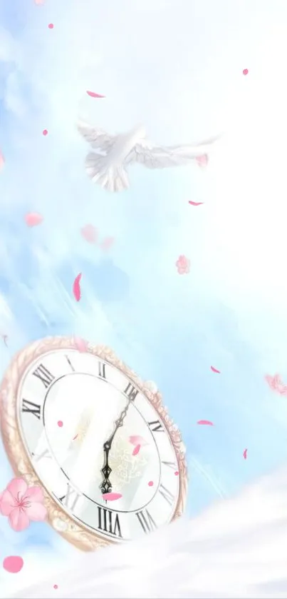 Ethereal wallpaper with sky, dove, and clock.