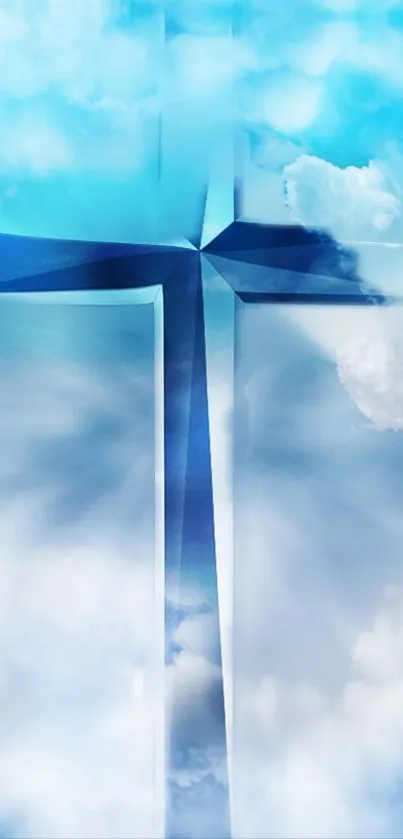 Ethereal sky cross with fluffy clouds in blue shades.