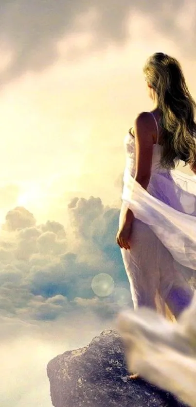 Woman gazing at ethereal sky with flowing dress, surrounded by soft clouds.