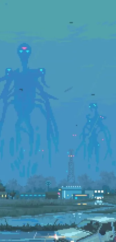 Mysterious alien figures in a twilight sky over a serene urban landscape.