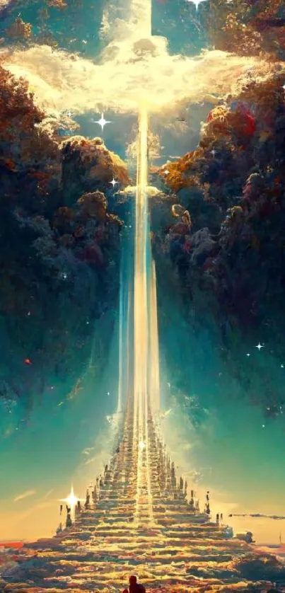 Ethereal art depicting a pathway ascending through a colorful sky.