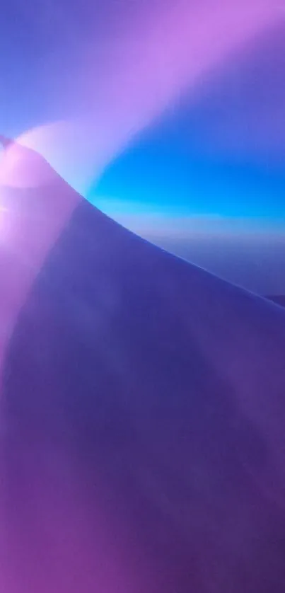 Ethereal view through airplane window with sunrise and purple hues.