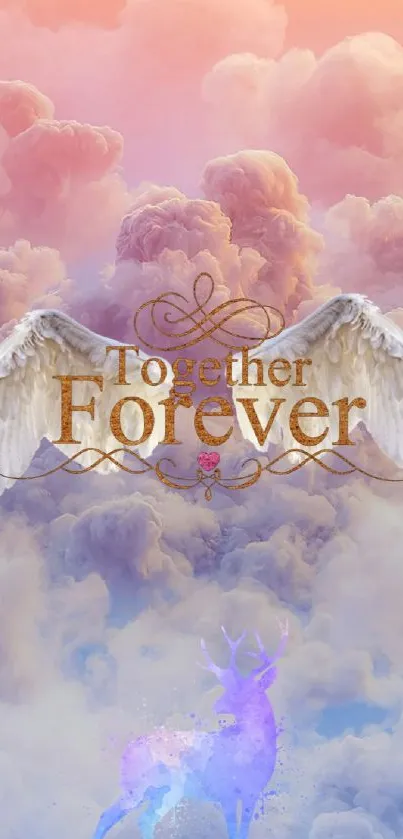 Angelic 'Together Forever' wallpaper with clouds and a deer silhouette.