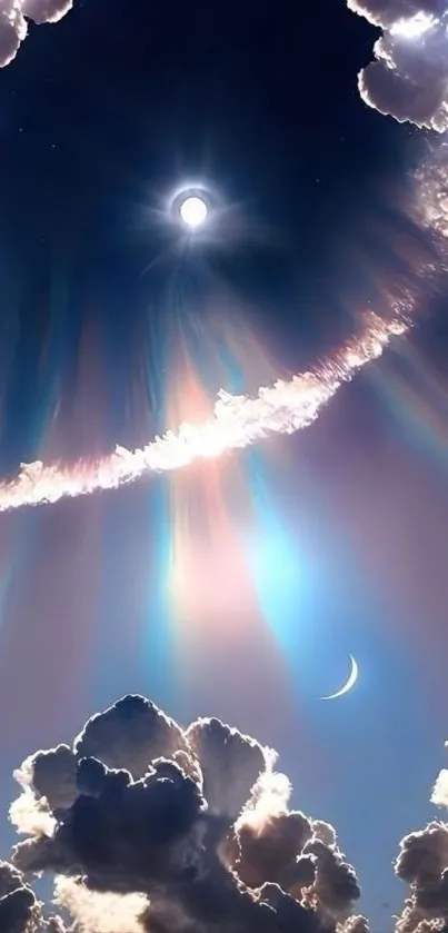 Dreamy sky with moon and clouds creating an ethereal atmosphere.