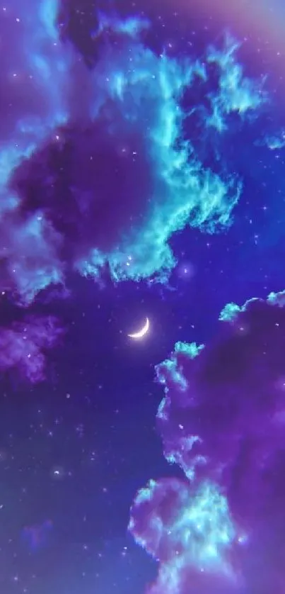 Purple night sky with crescent moon and colorful clouds.