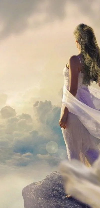 Woman in white dress on cliff with dreamy sky