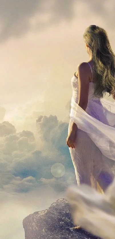 A woman in white gazes into a pastel sky above clouds.