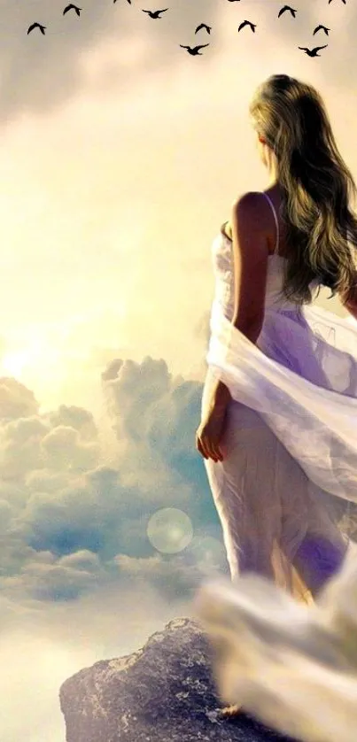 Woman in a white dress gazes at clouds and sky, creating an ethereal scene.