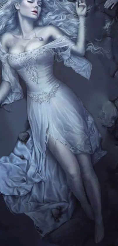 Ethereal woman in white dress lying gracefully on a dark background.