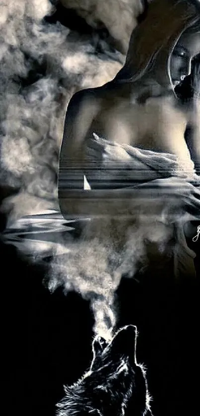 A woman emerging from smoke above a howling wolf in artistic style.