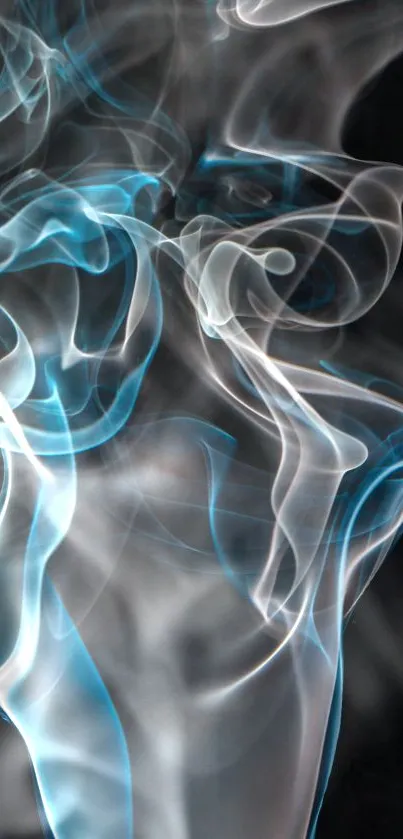 Blue smoke swirls on a black background, creating an ethereal design.