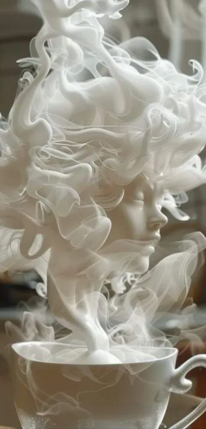 Ethereal face forming from swirling smoke above a cup.